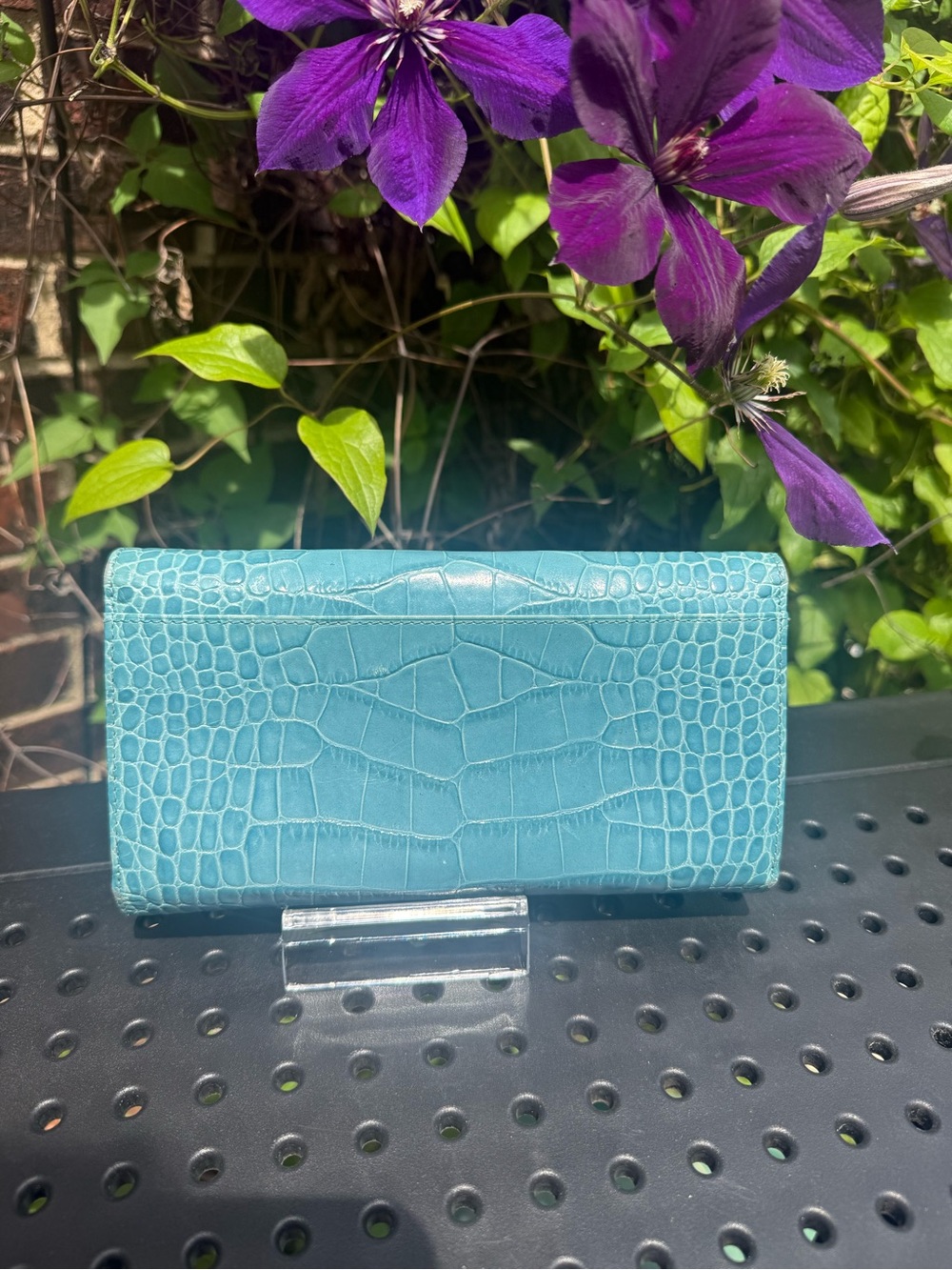 Lauren Ralph Lauren Croc Embossed Continental Wallet Turn Lock Blue - Picture 3 of 15